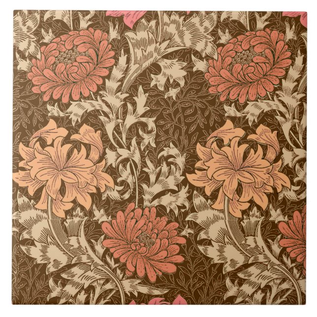 William Morris Chrysanthemums, Brown and Rust Tile (Front)