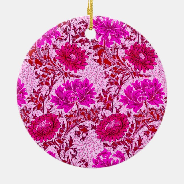 William Morris Chrysanthemums, Burgundy and Pink Ceramic Ornament (Back)
