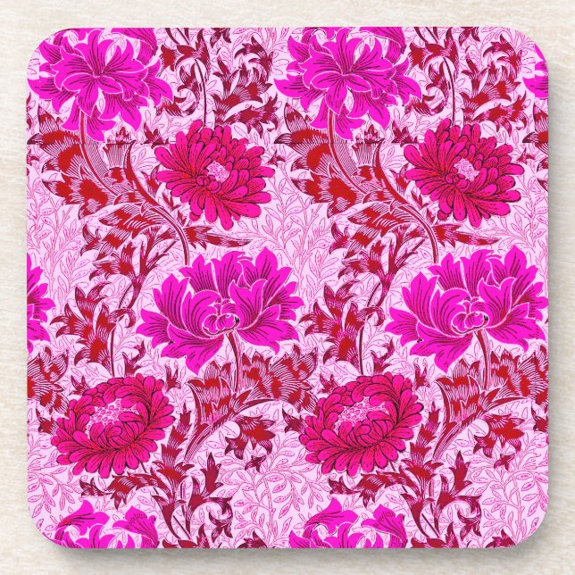 William Morris Chrysanthemums, Burgundy and Pink Coaster (Front)