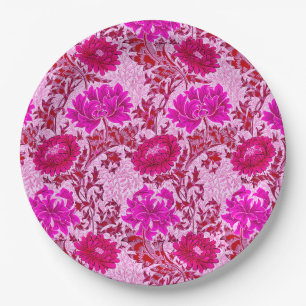 William Morris Chrysanthemums Burgundy and Pink Paper Plate