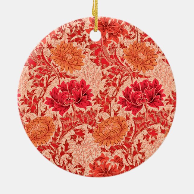 William Morris Chrysanthemums, Coral Orange Ceramic Ornament (Back)