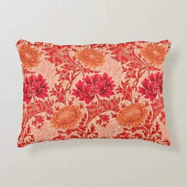 William Morris Chrysanthemums, Coral Orange Decorative Pillow (Front)