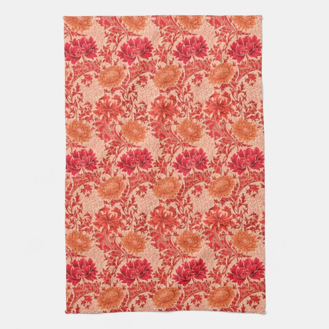 William Morris Chrysanthemums, Coral Orange Kitchen Towel (Vertical)