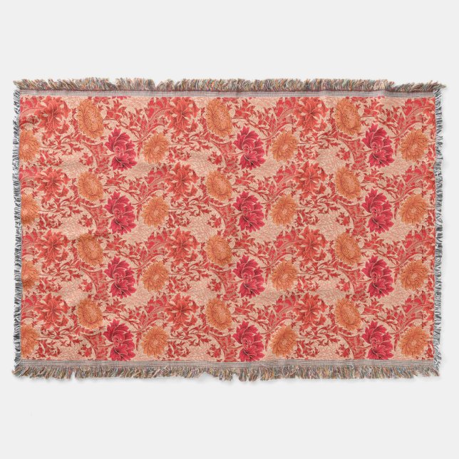 William Morris Chrysanthemums, Coral Orange Throw Blanket (Front)