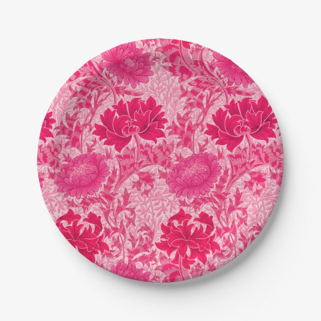 William Morris Chrysanthemums, Fuchsia Pink Paper Plate (Front)