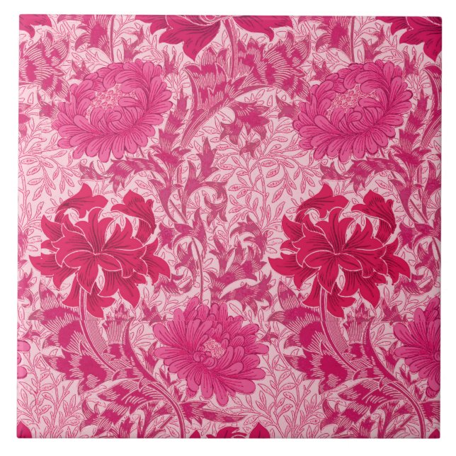 William Morris Chrysanthemums, Fuchsia Pink Tile (Front)