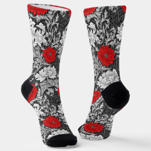 William Morris Chrysanthemums, Gray and Red Socks