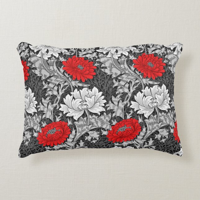 William Morris Chrysanthemums, Grey and Red Accent Pillow (Front)