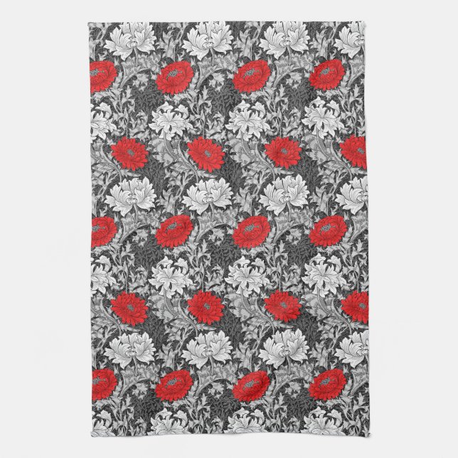 William Morris Chrysanthemums, Grey and Red Kitchen Towel (Vertical)