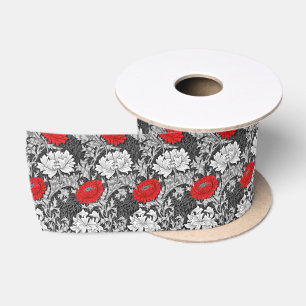 William Morris Chrysanthemums, Grey and Red Satin Ribbon