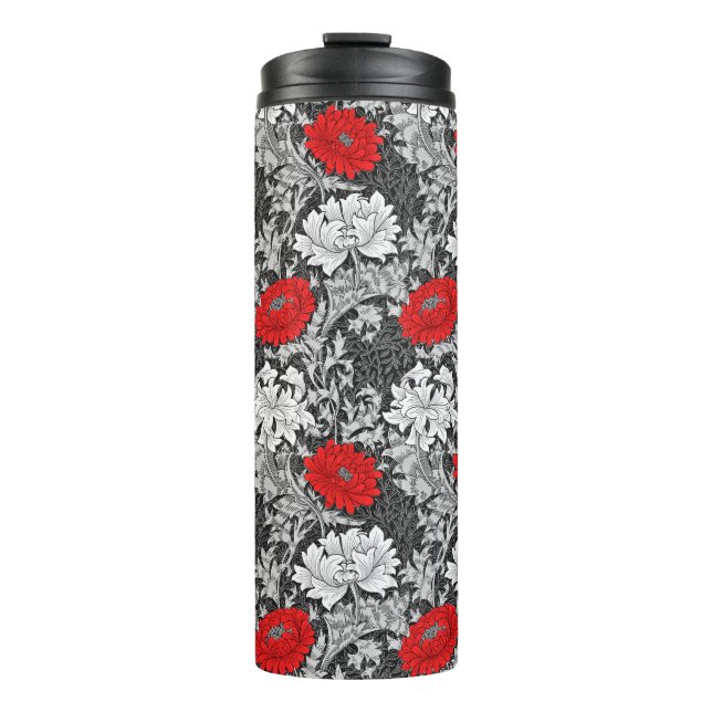 William Morris Chrysanthemums, Grey and Red Thermal Tumbler (Front)