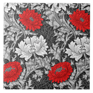 William Morris Chrysanthemums, Grey and Red Tile