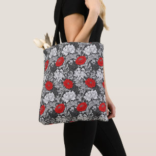 William Morris Chrysanthemums, Grey and Red Tote Bag