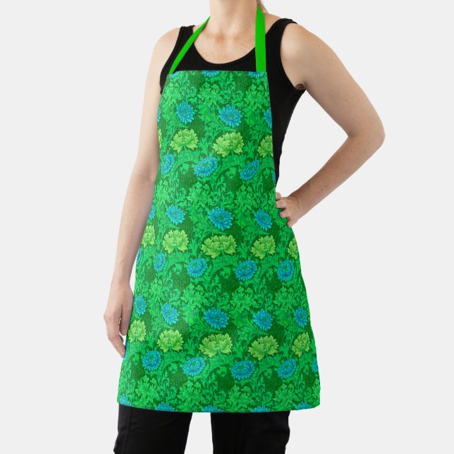 William Morris Chrysanthemums, Lime Green & Aqua Apron (Insitu)