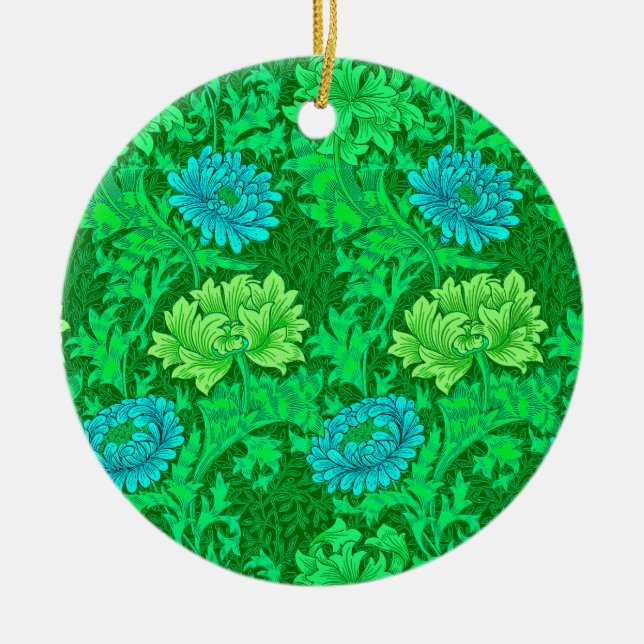William Morris Chrysanthemums, Lime Green & Aqua C Ceramic Ornament (Front)