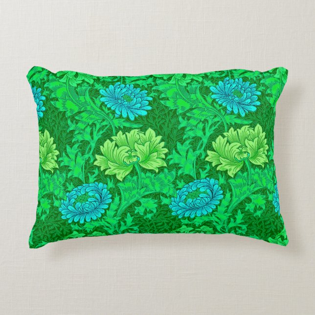 William Morris Chrysanthemums, Lime Green & Aqua Decorative Pillow (Front)