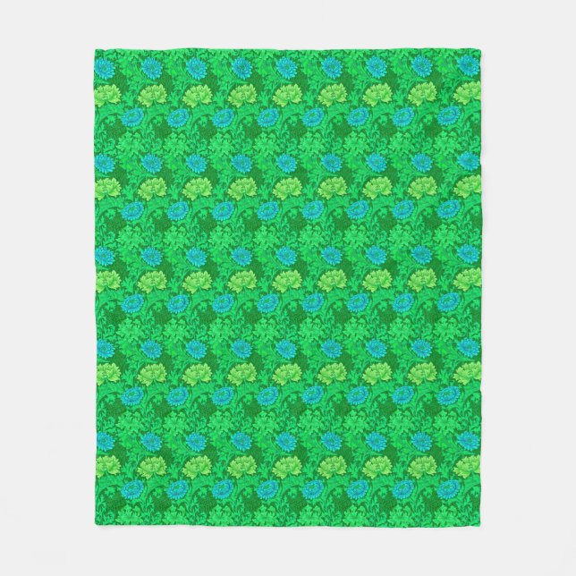 William Morris Chrysanthemums, Lime Green & Aqua Fleece Blanket (Front)