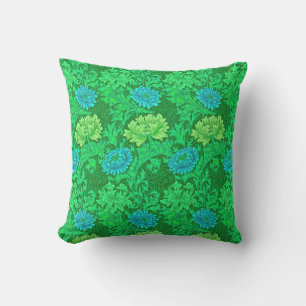 William Morris Chrysanthemums, Lime Green & Aqua Outdoor Pillow