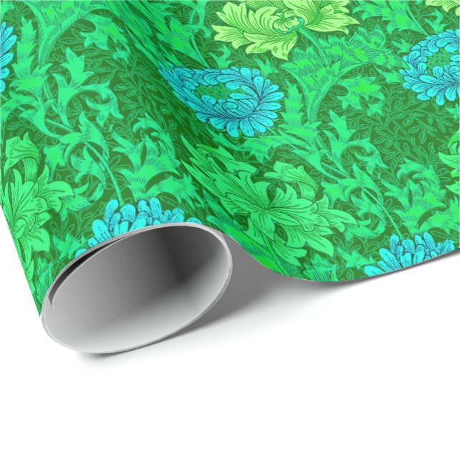 William Morris Chrysanthemums, Lime Green & Aqua Wrapping Paper (Roll Corner)