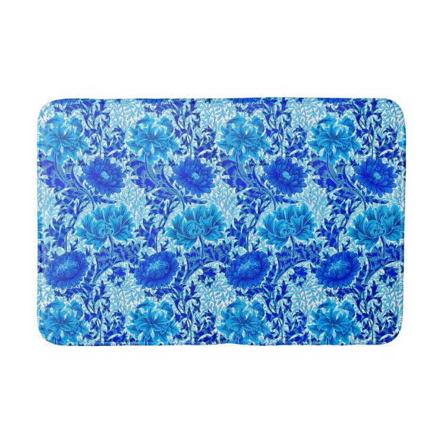 William Morris Chrysanthemums Shades of Denim Blue Bath Mat (Front)