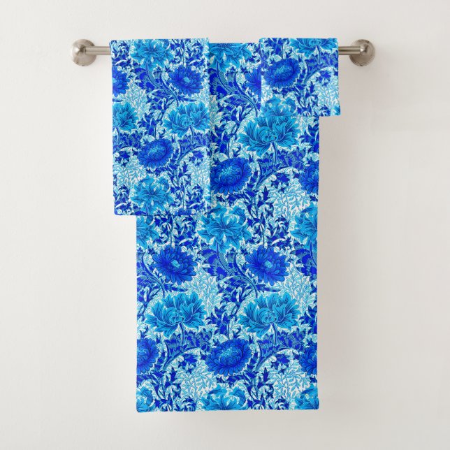 William Morris Chrysanthemums Shades of Denim Blue Bath Towel Set (Insitu)