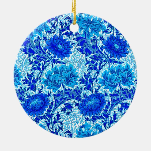 William Morris Chrysanthemums Shades of Denim Blue Ceramic Ornament (Back)