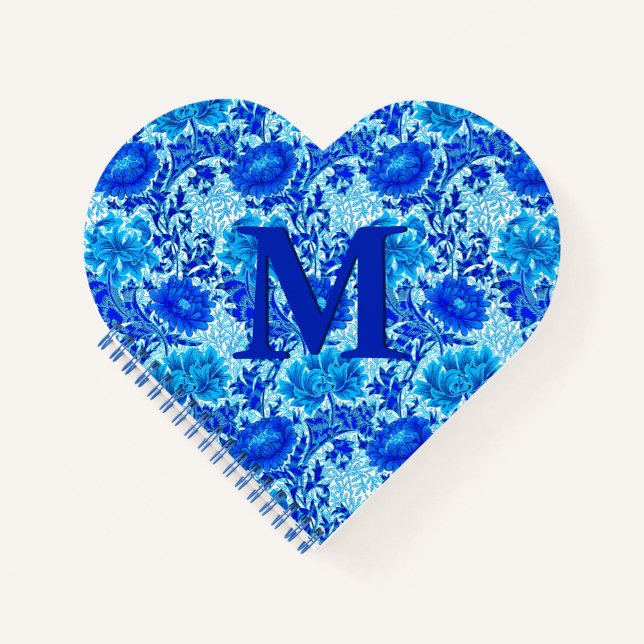 William Morris Chrysanthemums Shades of Denim Blue Notebook (Front)