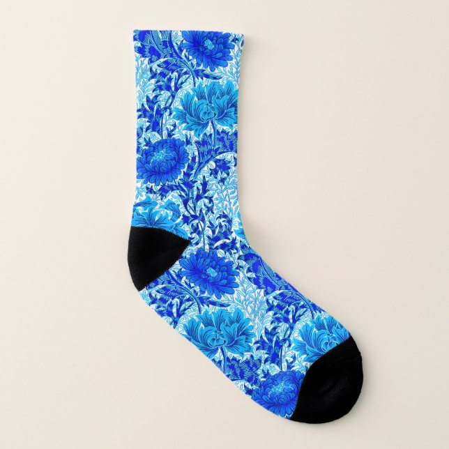 William Morris Chrysanthemums Shades of Denim Blue Socks (Left Inside)