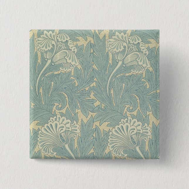 William Morris Classic Tulip Blue Floral 2 Inch Square Button (Front)