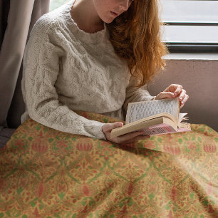 William Morris Cozy Classic Green Gold Red Fleece Blanket