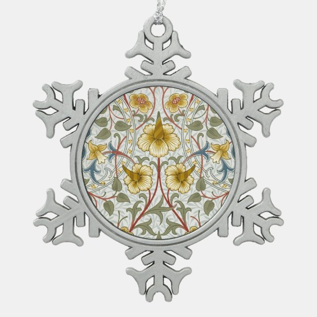 William Morris Daffodil Floral Pattern Snowflake Pewter Christmas Ornament (Front)