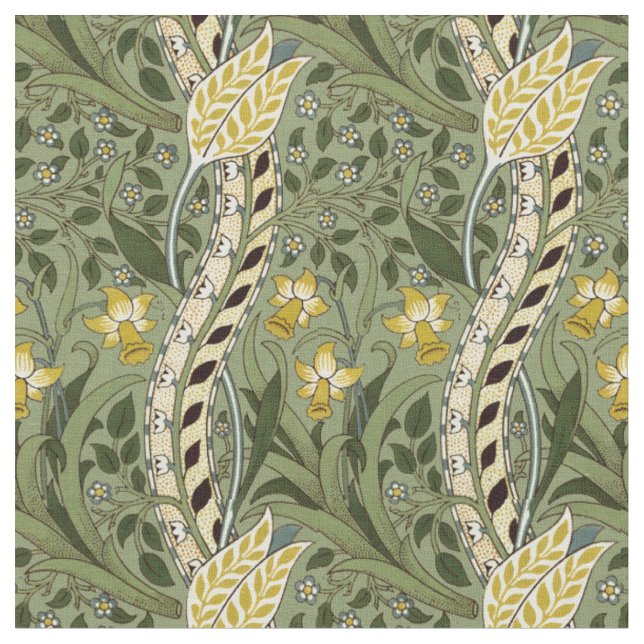William Morris Daffodil Vintage Green Pattern Fabric (Close Up)
