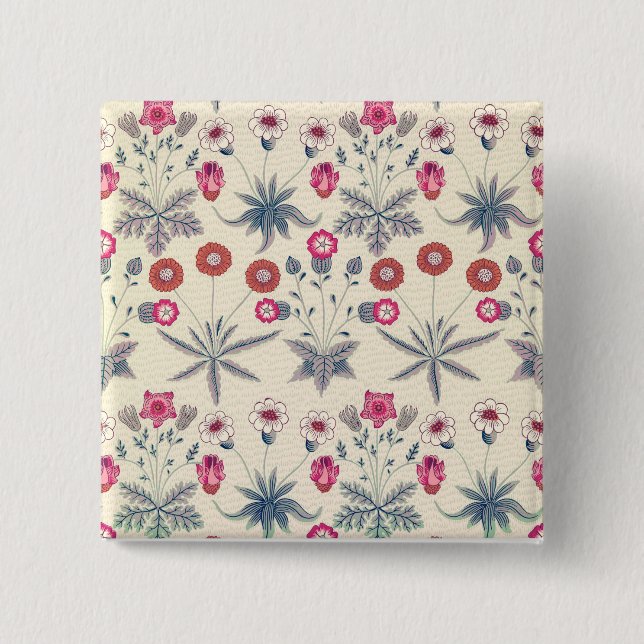 William Morris Daisy Floral Pattern Red Orange 2 Inch Square Button (Front)