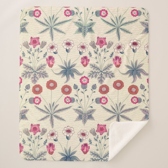 William Morris Daisy Floral Pattern Red Orange Sherpa Blanket (Front)