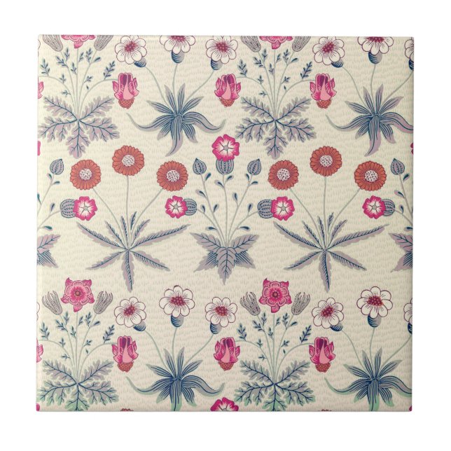 William Morris Daisy Floral Pattern Red Orange Tile (Front)