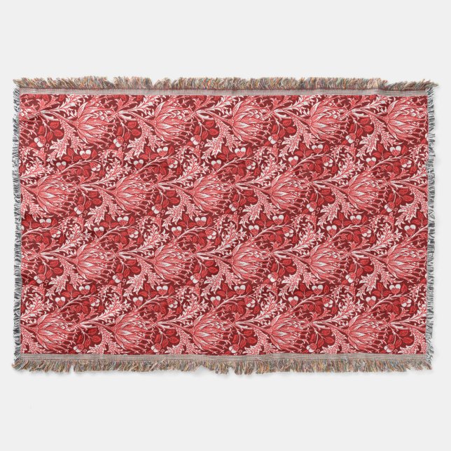 William Morris Damask, Dark Red & White Throw Blanket (Front)
