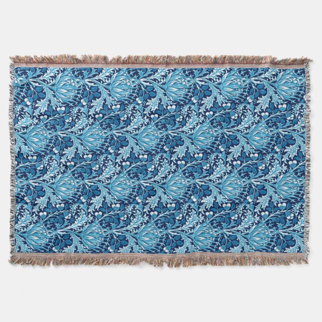 William Morris Damask, Navy & White Throw Blanket (Front)