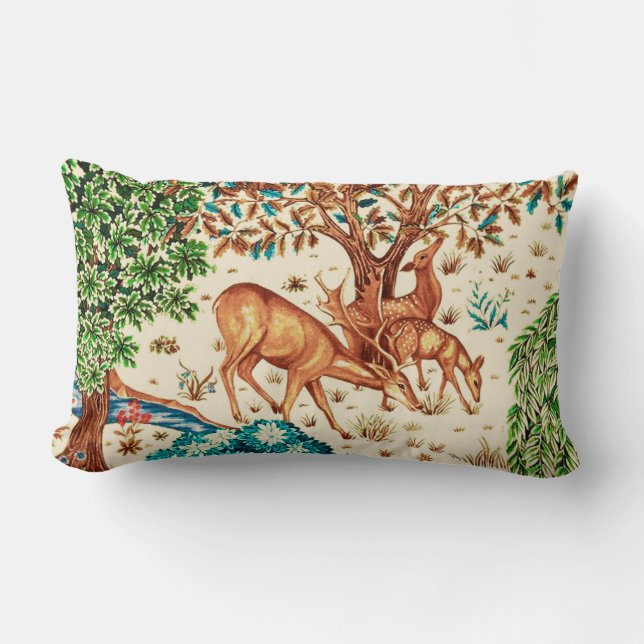William Morris Deer by a Brook Tapestry Beige Lumbar Pillow (Front)