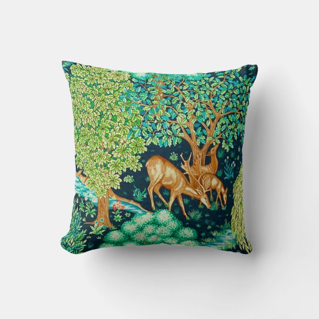William Morris Deer by a Brook Tapestry Print Throw Pillow (Front)