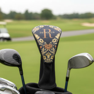 William Morris Elegant Gold Black Floral Monogram Golf Head Cover