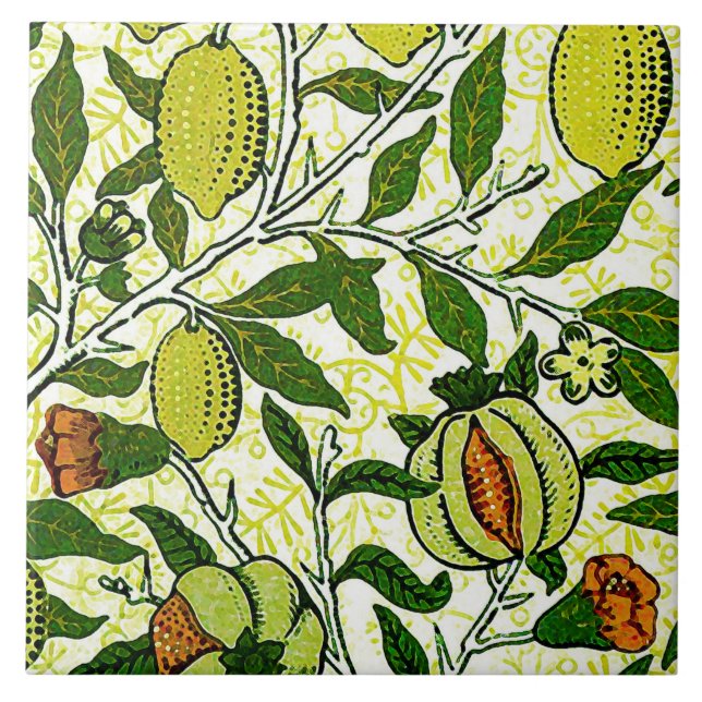 William Morris Exotic Fruit, Lemon Yellow & Coral Tile (Front)