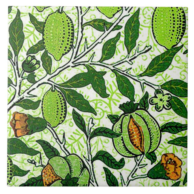 William Morris Exotic Fruit, Lime Green & Coral Tile (Front)