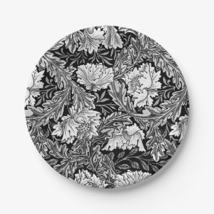 William Morris Floral, Black, White & Grey / Grey Paper Plate