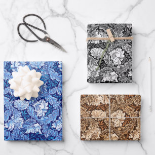 William Morris Floral, Blue, Brown, Black & White Wrapping Paper Sheet
