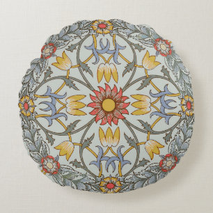 William Morris Floral Circle Flower Illustration Round Pillow