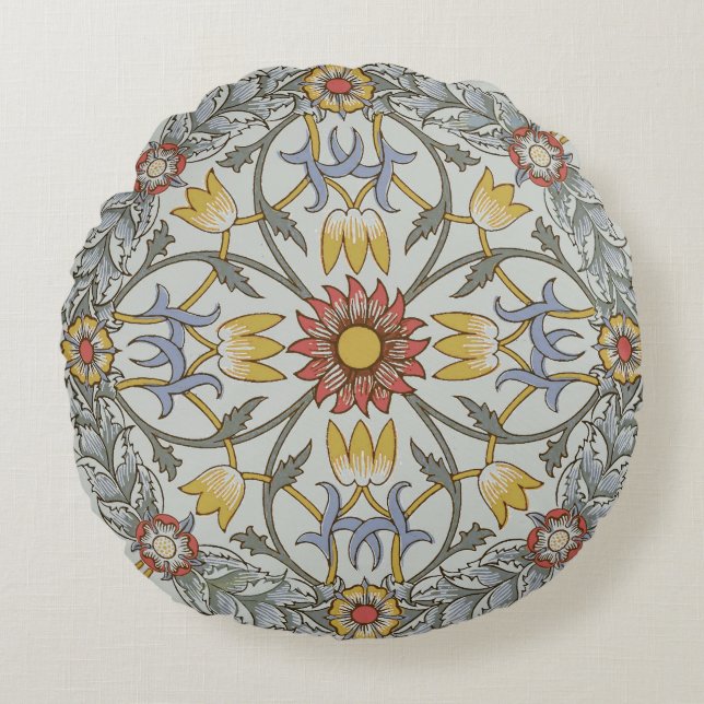 William Morris Floral Circle Flower Illustration Round Pillow (Front)