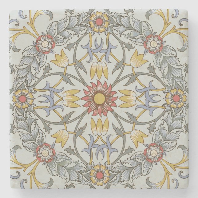William Morris Floral Circle Flower Illustration Stone Coaster (Front)