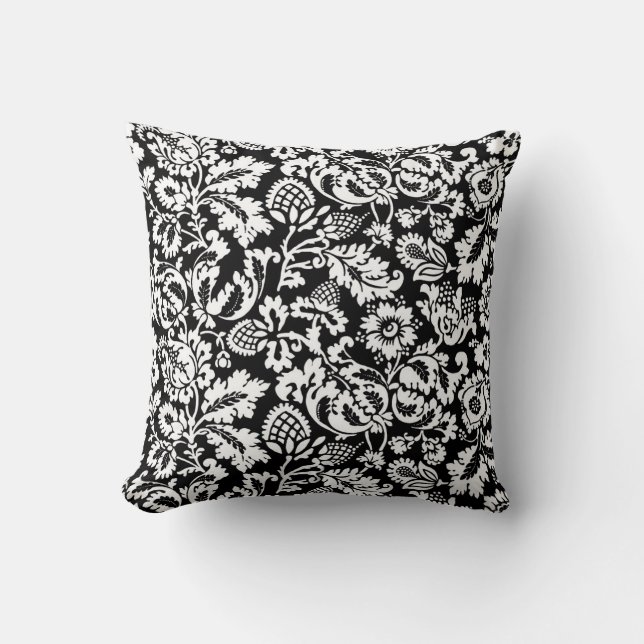 William Morris Floral Damask, Black and White Throw Pillow (Front)