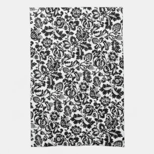 William Morris Floral Damask, Black on White Kitchen Towel
