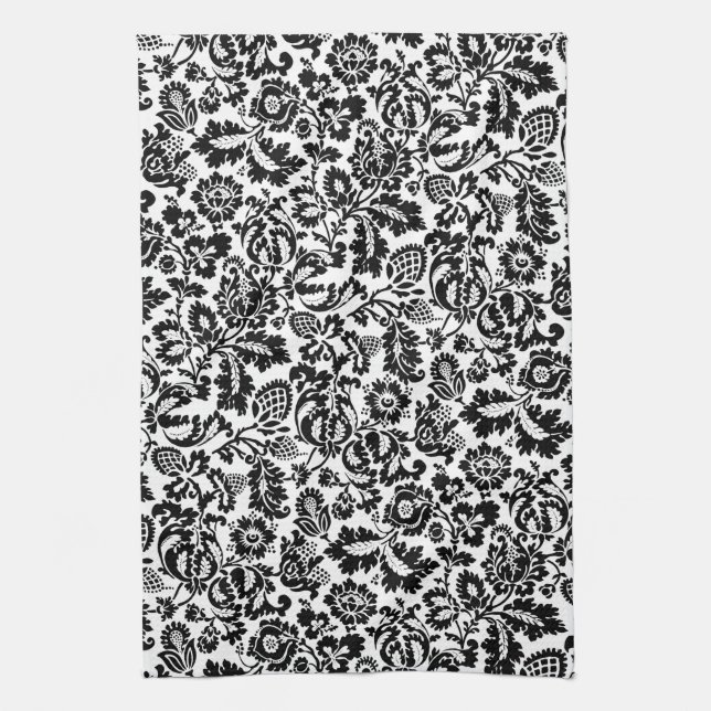 William Morris Floral Damask, Black on White Kitchen Towel (Vertical)